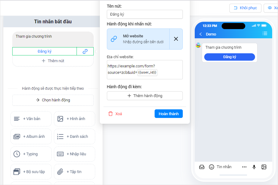 Thiết lập nút mở website