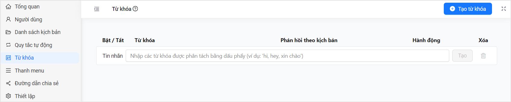 Giao diện tạo từ khóa 